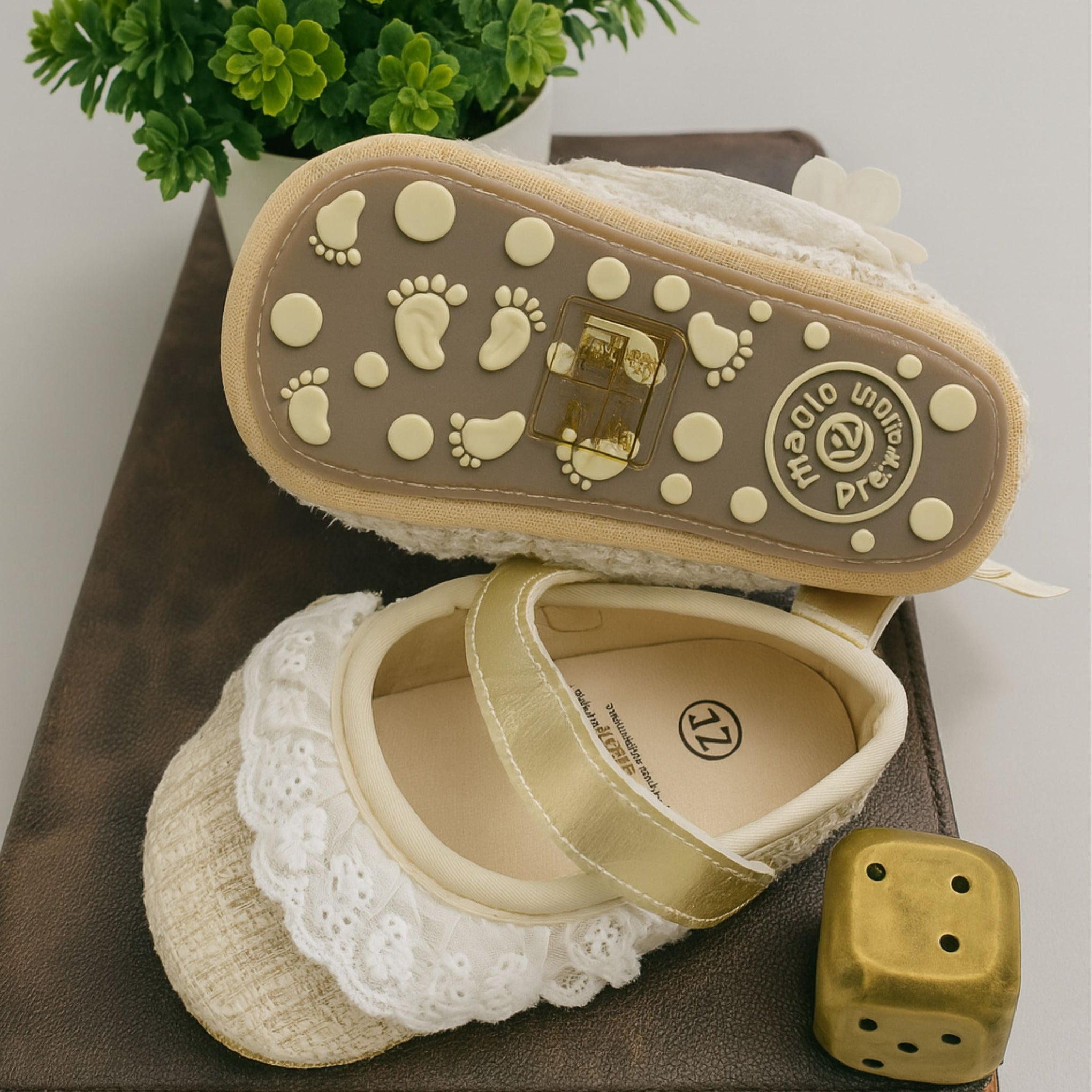 Smile Baby Golden Partywear Baby Girl Shoes – Soft Sole with Embroidered Lace & Glitter Textured Fabric | 0–12 Months | Lightweight & Elegant