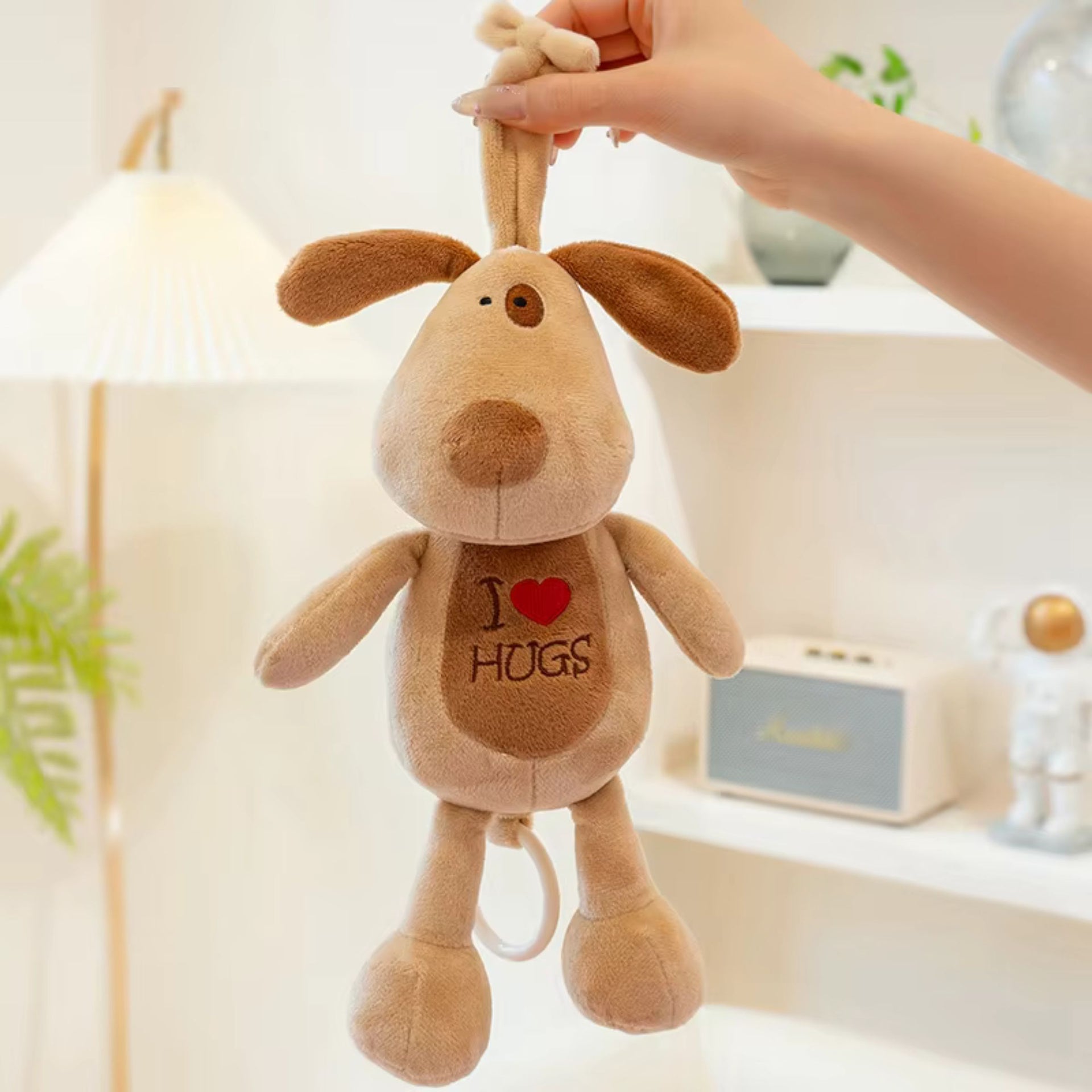 Smile Baby Hanging Dog Plush Toy – Soft Musical Pull String | Crib & Stroller Friendly | “I ❤️ HUGS” Embroidery | Soothing for Newborns & Infants