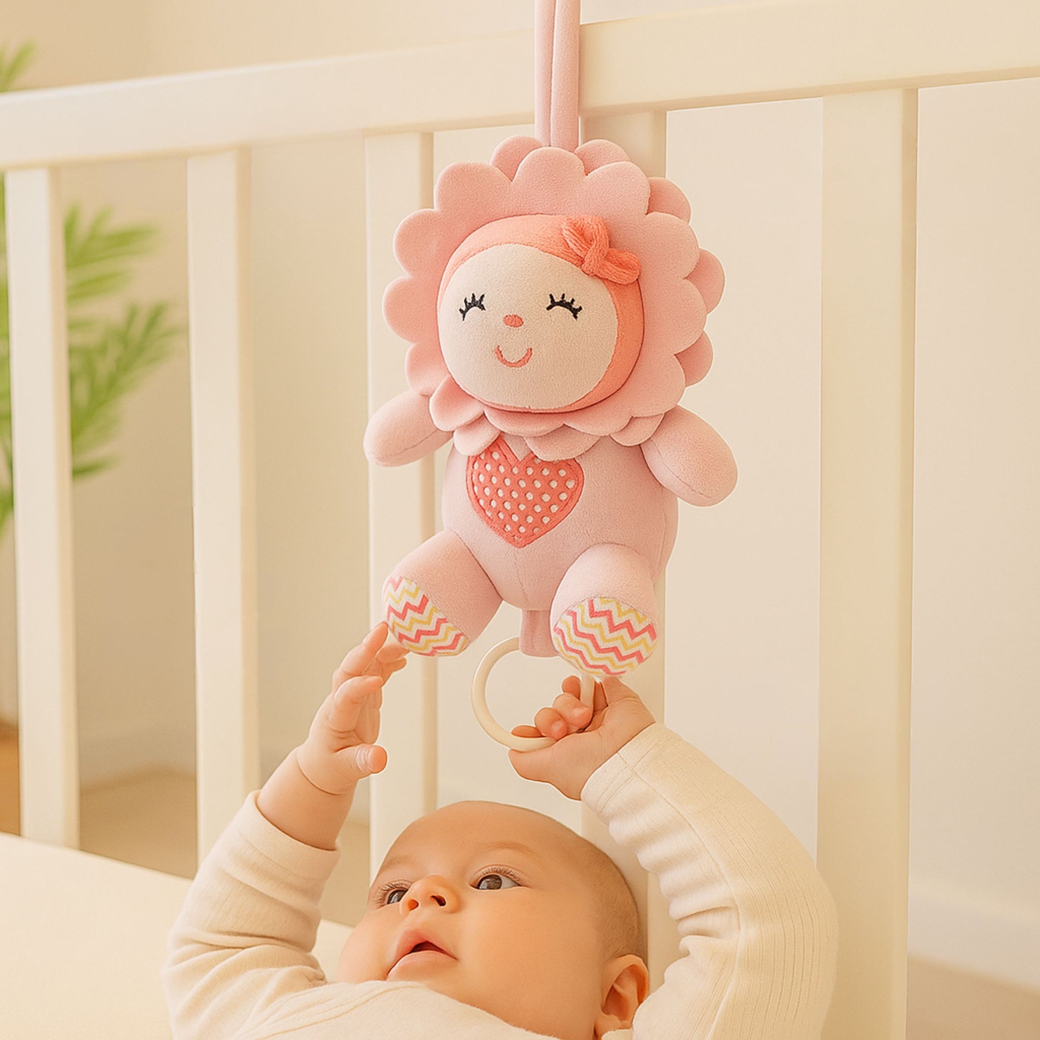 Smile Baby Hanging Pink Plush Toy – Soft Musical Pull String | Crib & Stroller Friendly | Ultra-Soft Fabric | Sunflower Pink Hanging Toy