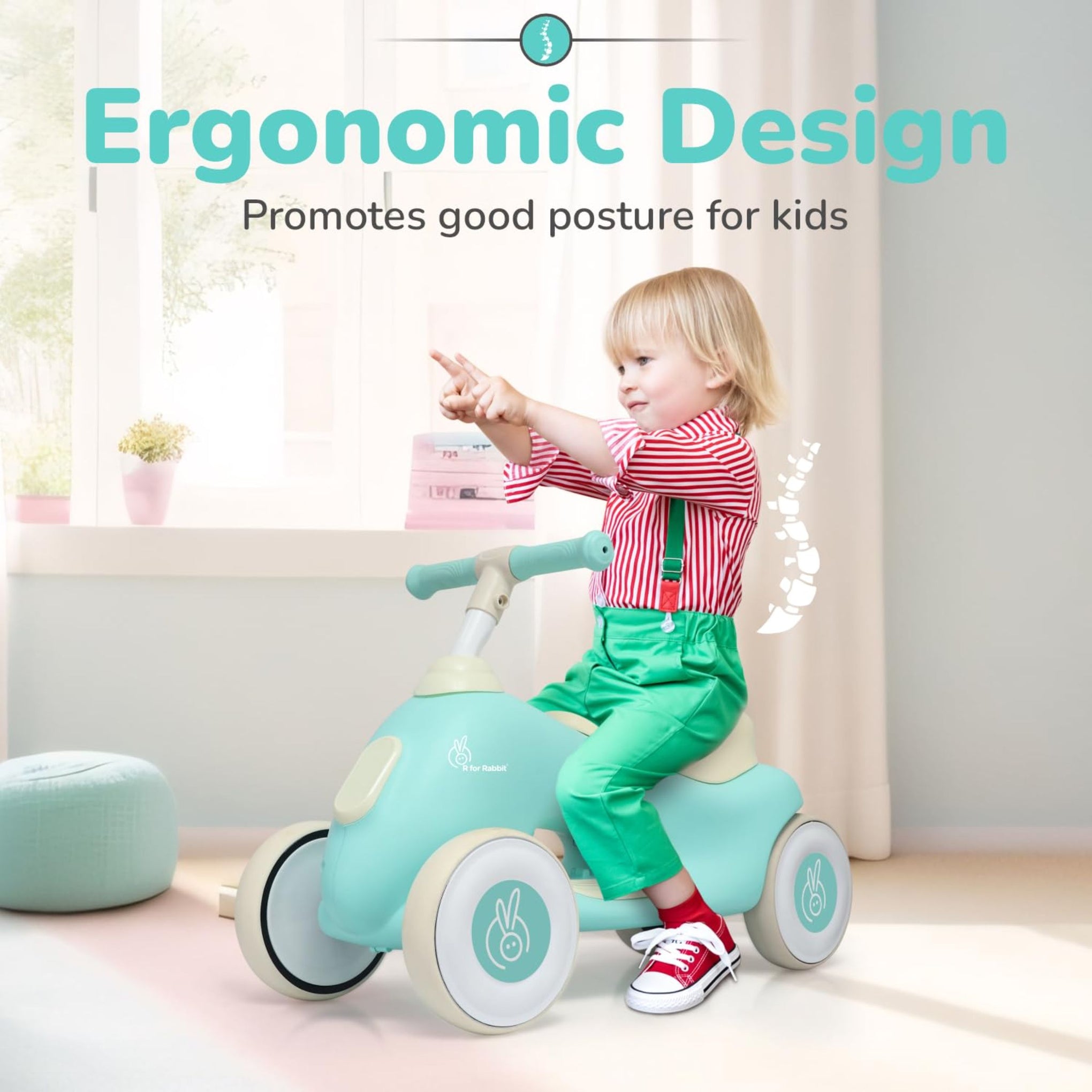 R for Rabbit Speedster Zoomy Push Ride-On for Baby, Wide TPE Wheels with Ergonomic & Comfortable Seat, Non Slip Footrest for 1 to 4 Years Kids, 20 Kgs Weight Capacity (Green Cream)