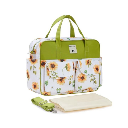 Smile Baby Diaper Bag Multifunctional Maternity Bag Stylish Baby Travel Bag | Mamas Bags | Diapers Bags | Handbag | Mothers Bags ( SUN FLOWERS- GREEN )