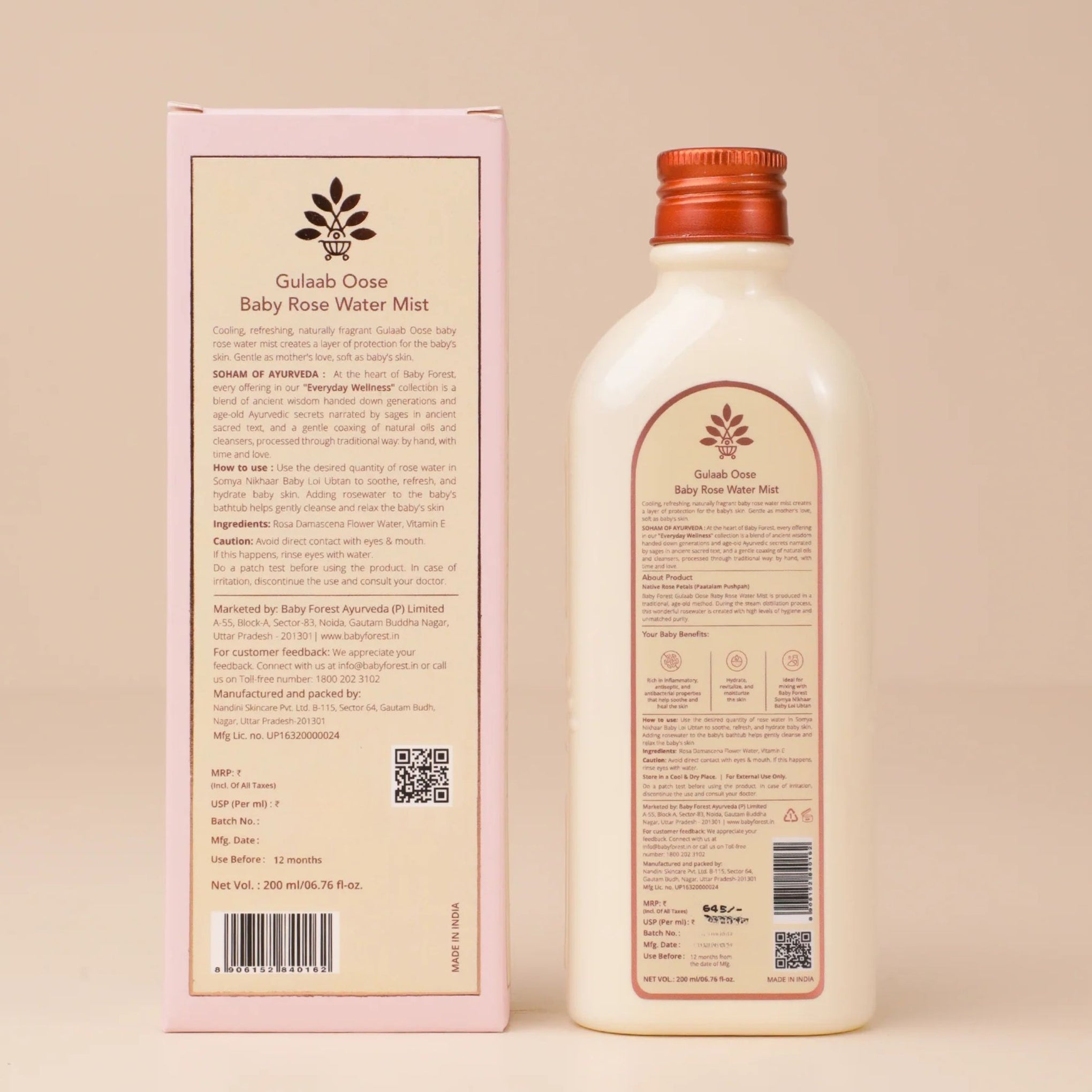 Baby Forest Gulaab Oose Baby Rose Water Mist (200 ml) – Ayurvedic Rose Water for Baby Skin Hydration & Soothing