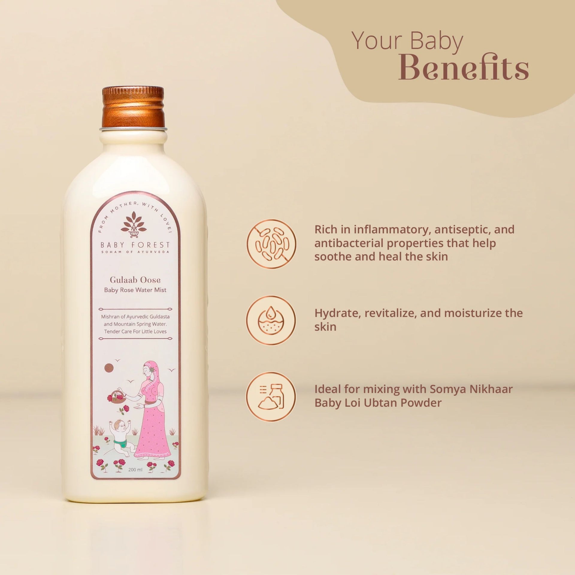 Baby Forest Gulaab Oose Baby Rose Water Mist (200 ml) – Ayurvedic Rose Water for Baby Skin Hydration & Soothing