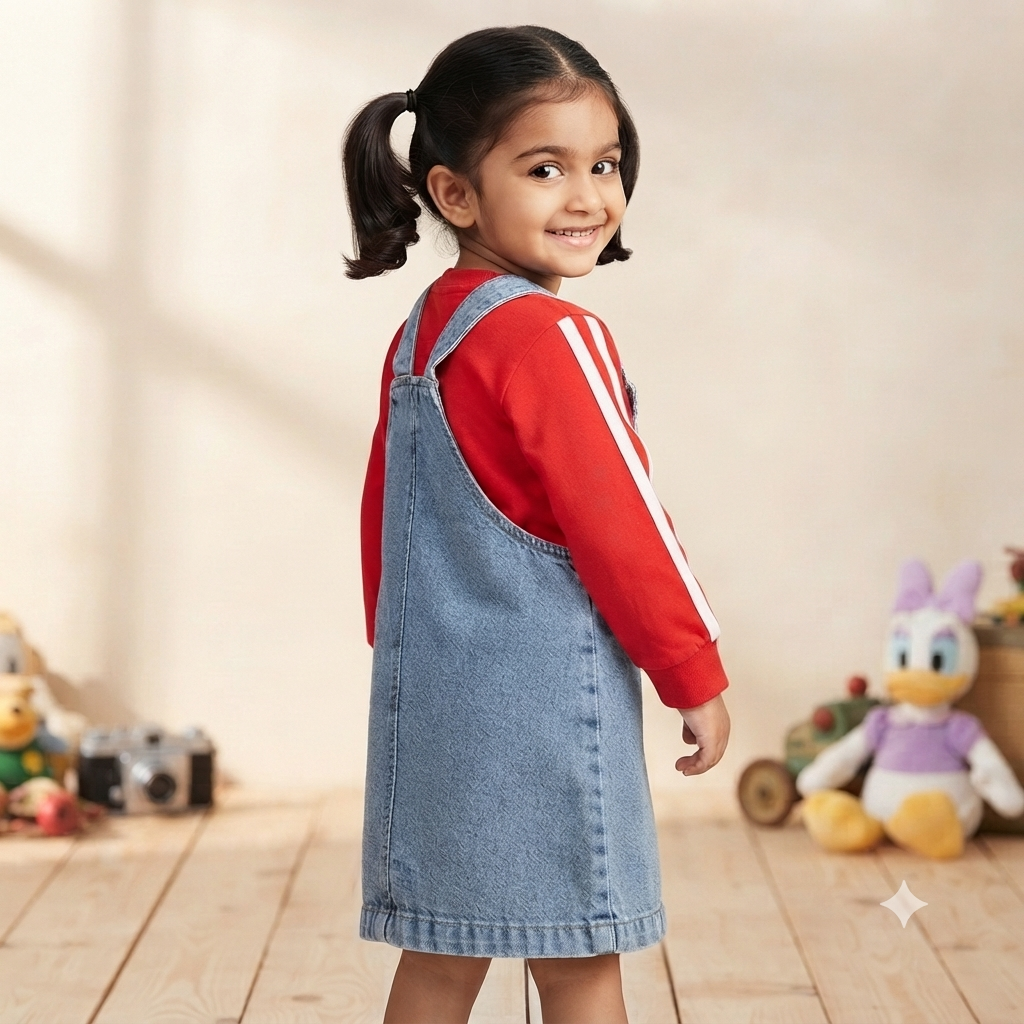 SMILE BABY girls light blue denim middi dangri side view with adjustable shoulder straps