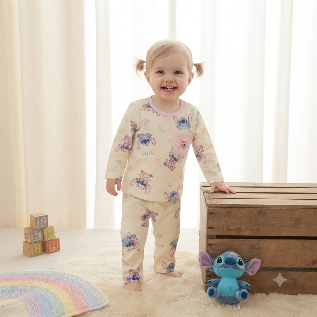 Smile Baby Disney Angel & Stitch Cream & Pink Cotton Night Suit for Girls | Full Sleeve Kids Sleepwear Set (18 Months–10 Years) 