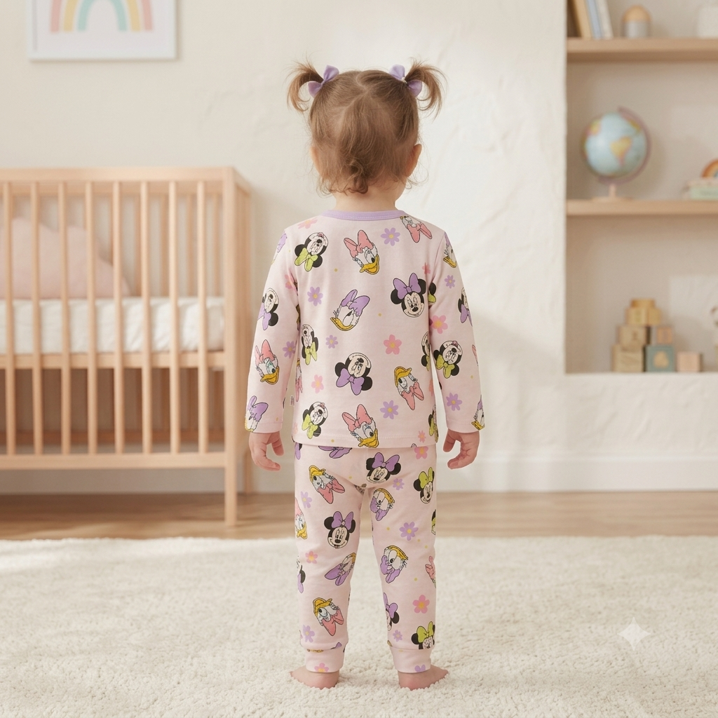 Back view of SMILE BABY girls Disney character pink purple cotton full sleeve pajama set worn by toddler