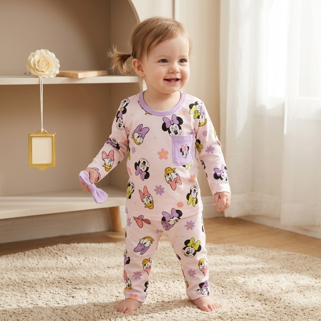 Front view of toddler girl wearing SMILE BABY Disney character pink purple cotton full sleeve pajama set