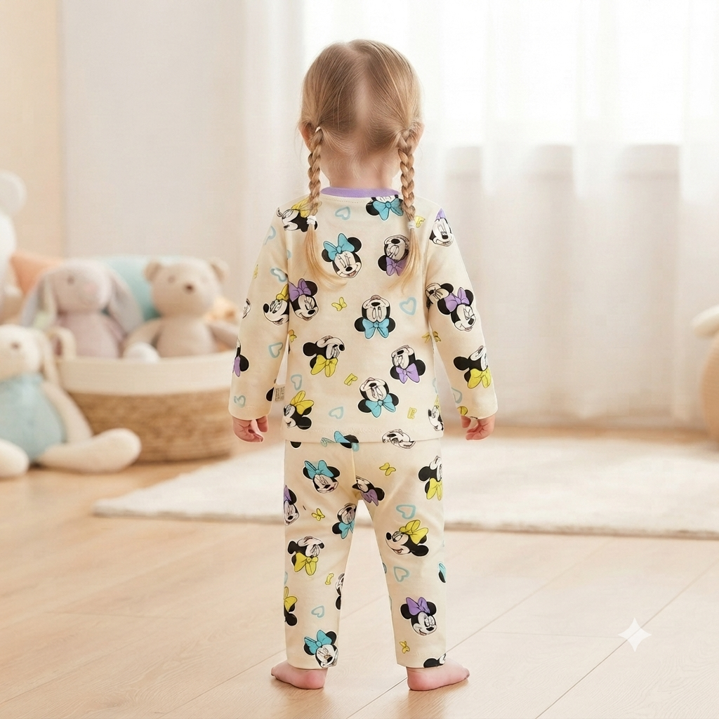 Back view of girl wearing Smile Baby Minnie Mouse Cream Purple full sleeve cotton night suit with matching printed pajama for girls