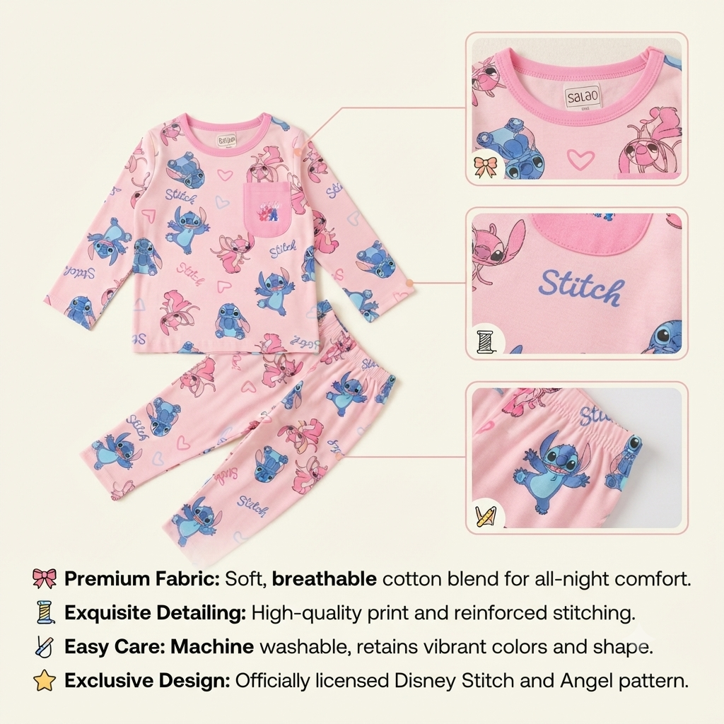 Smile Baby Pink Stitch & Angel cotton night suit flat lay showing premium fabric, round neck, decorative pocket, elastic waistband and full sleeve girls sleepwear set