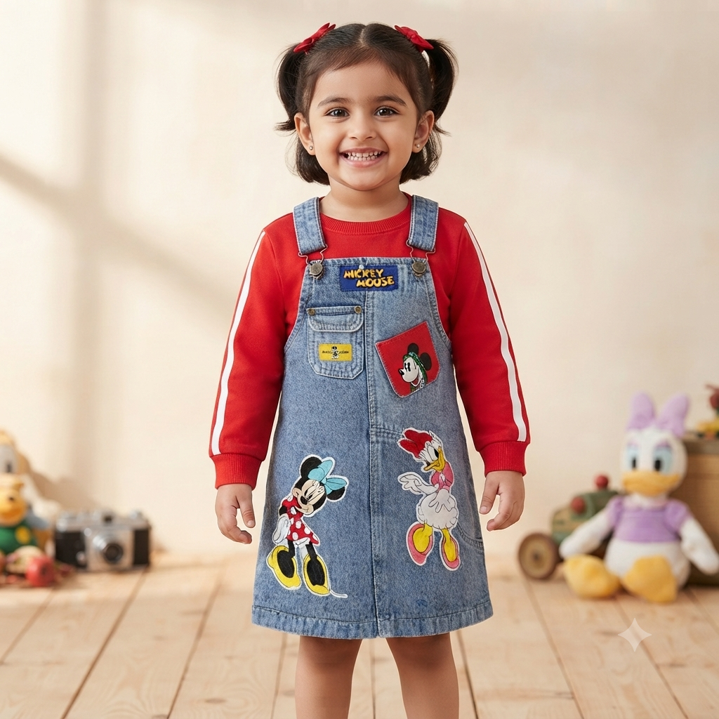 SMILE BABY girls light blue denim middi dangri with character-inspired appliqué and red striped full sleeve top