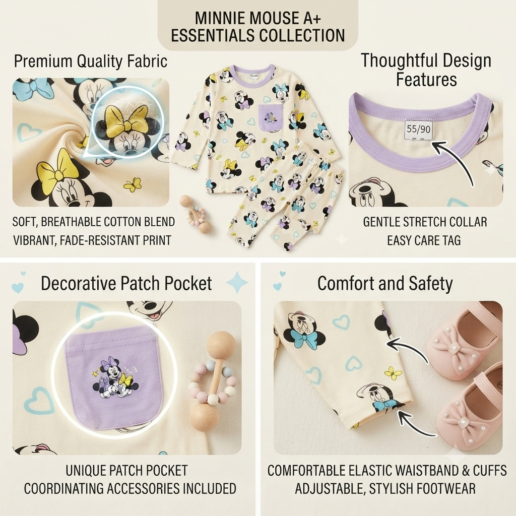 Smile Baby Minnie Mouse Cream Purple girls cotton night suit feature collage showing premium fabric, decorative pocket, stretch collar, elastic waistband and comfortable full sleeve pajama set