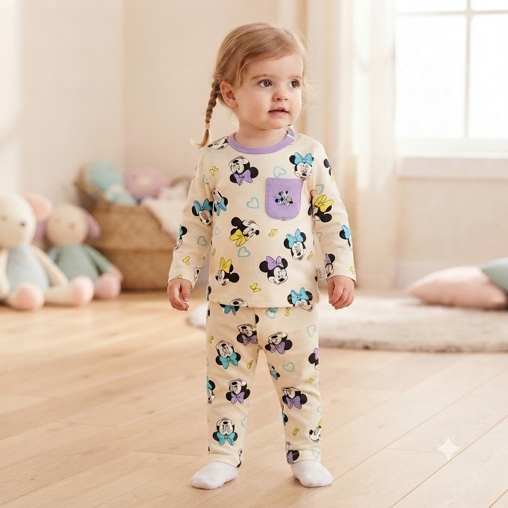 Front view of girl wearing Smile Baby Minnie Mouse Cream Purple cotton full sleeve night suit featuring Minnie Mouse print and lavender pocket