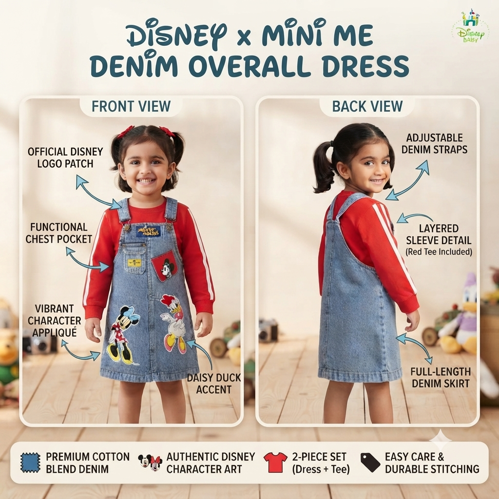 SMILE BABY girls light blue denim middi dangri front and back view with red full sleeve top