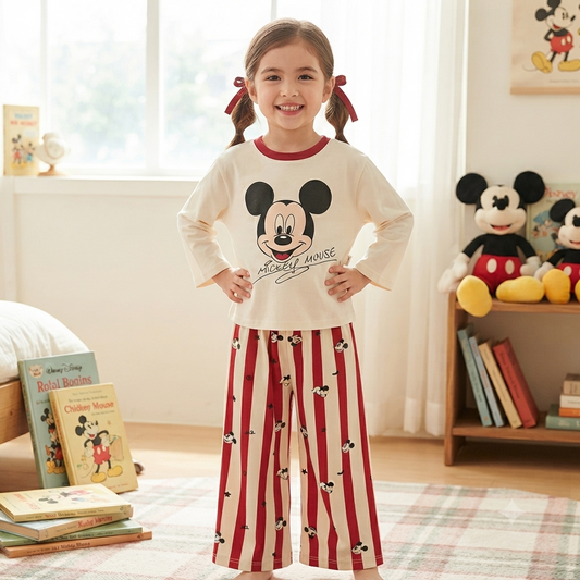 Smile Baby girls Mickey Mouse night suit front view featuring cream full sleeve top with Mickey Mouse graphic and red white striped pajama