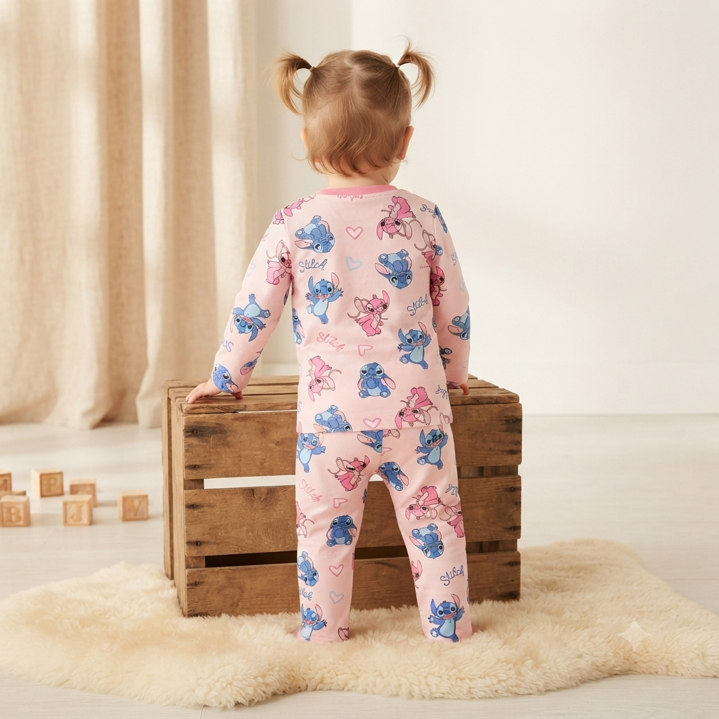 Back view of Smile Baby Pink Stitch & Angel printed girls cotton night suit showing full sleeve top and matching full-length pajama