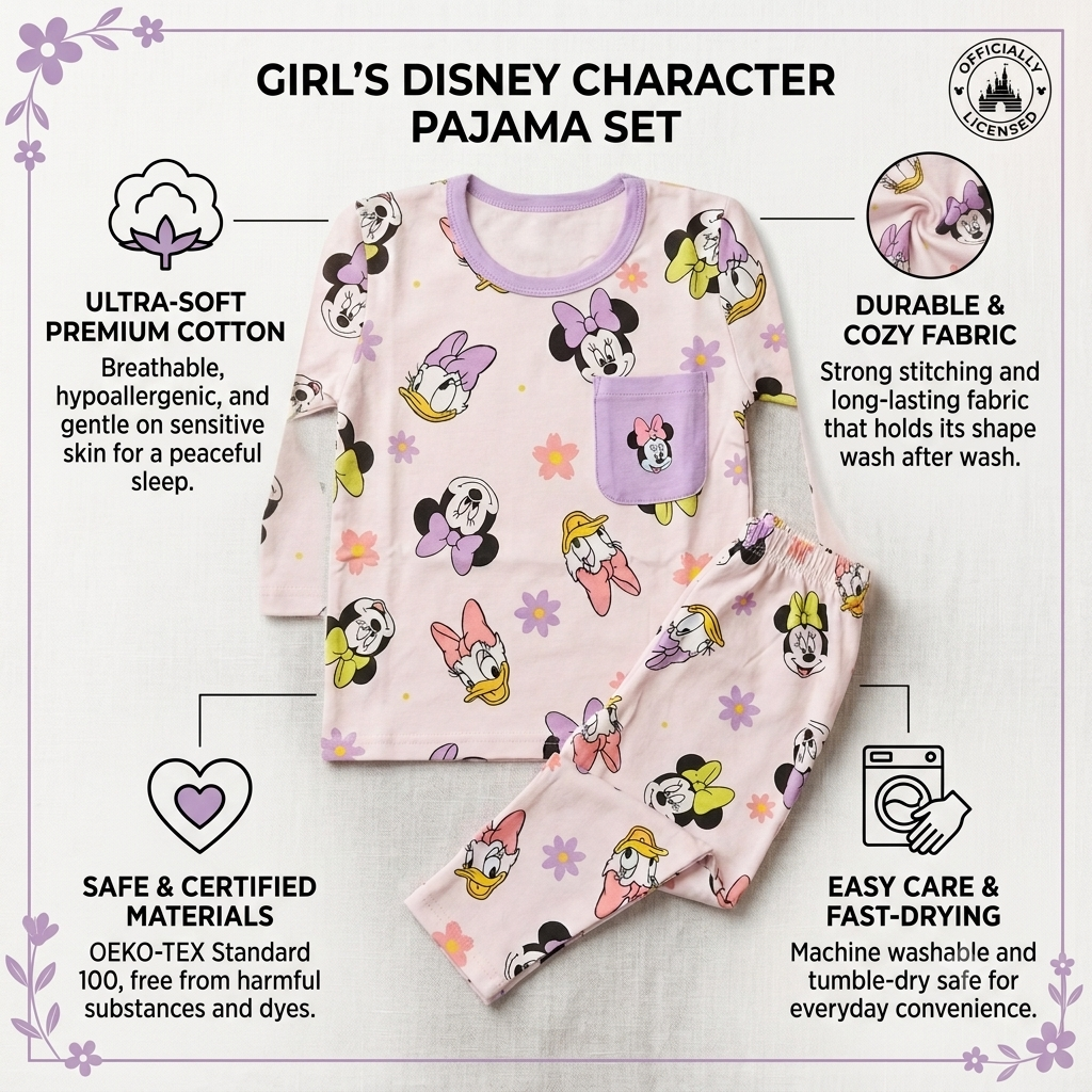 SMILE BABY girls Disney character pink purple cotton pajama set flat lay showing full sleeve T-shirt, matching pajama and premium cotton features