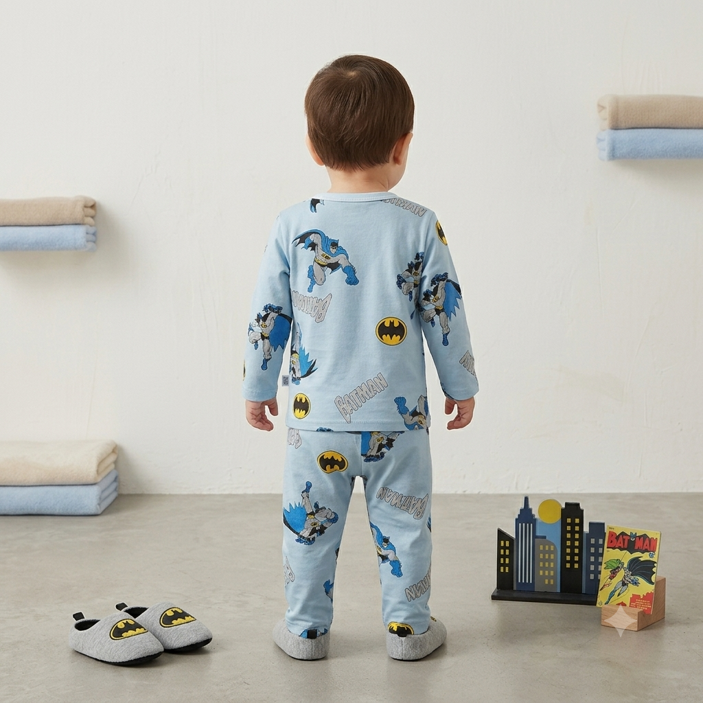Back view of SMILE BABY Batman boys blue cotton night suit with full sleeve T-shirt and matching pajama