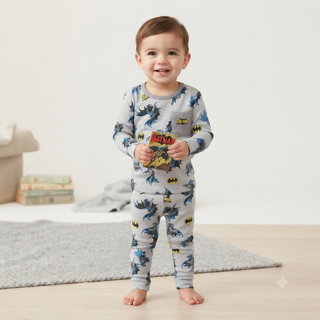 Front view of child wearing Smile Baby Batman Grey full sleeve cotton night suit with embroidered Batman pocket and matching printed pajama