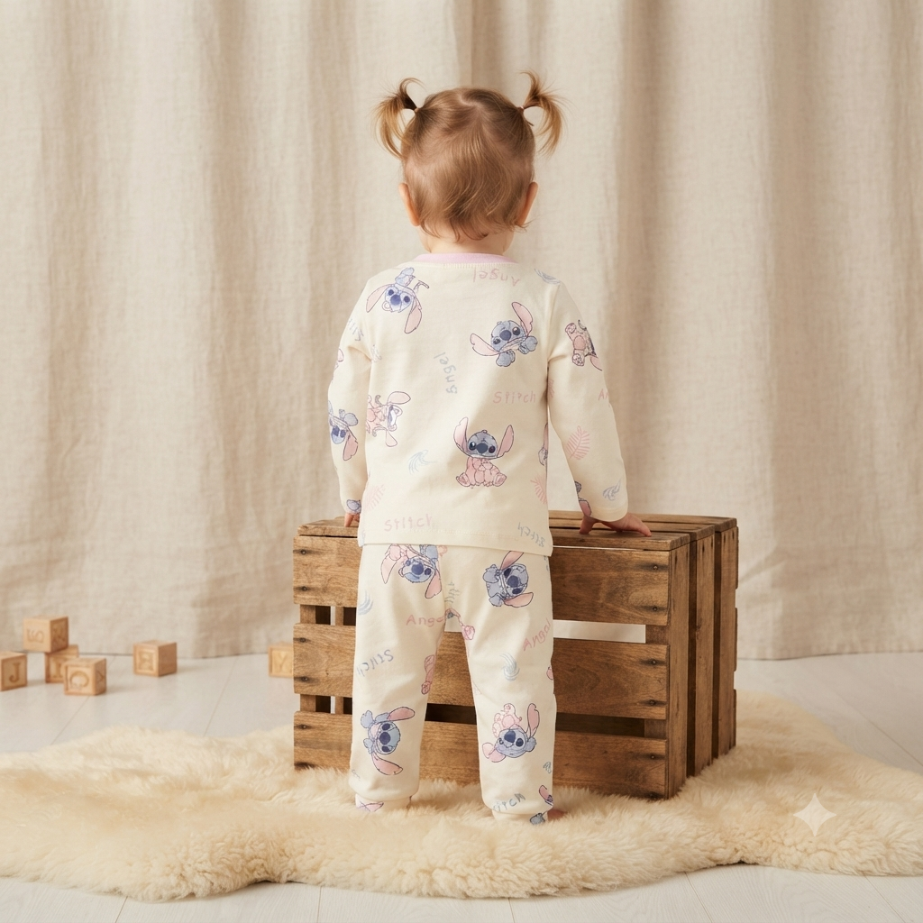 Smile Baby Disney Angel & Stitch Cream & Pink Cotton Night Suit for Girls | Full Sleeve Kids Sleepwear Set (18 Months–10 Years) 