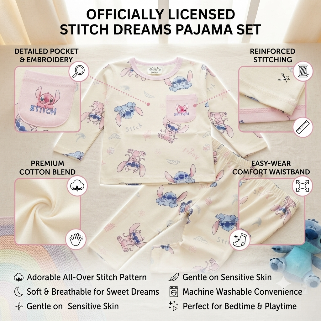 Smile Baby Disney Angel & Stitch Cream & Pink Cotton Night Suit for Girls | Full Sleeve Kids Sleepwear Set (18 Months–10 Years) 