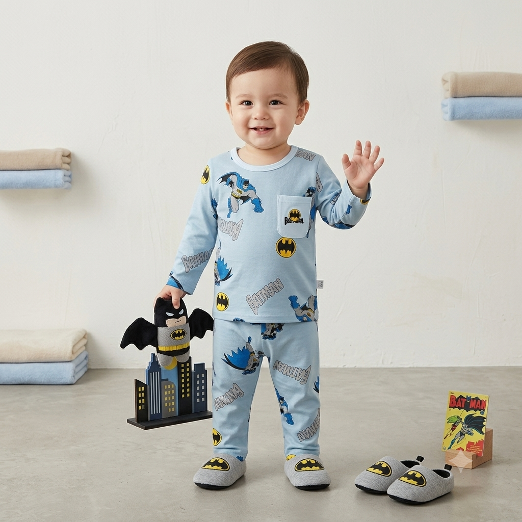 SMILE BABY Batman boys blue cotton full sleeve night suit front view with toddler model wearing matching Batman sleepwear