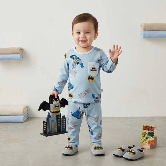 SMILE BABY Batman boys blue cotton full sleeve night suit front view with toddler model wearing matching Batman sleepwear