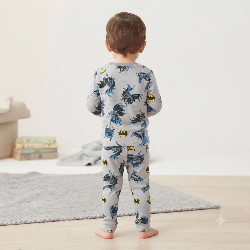Back view of Smile Baby Batman Grey cotton full sleeve night suit with matching Batman printed pajama for kids