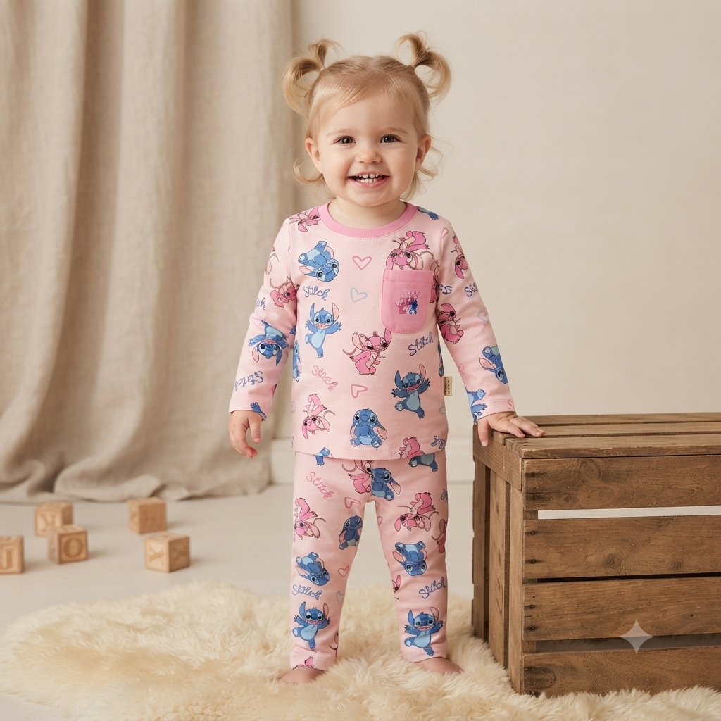 Front view of a girl wearing Smile Baby Pink Stitch & Angel printed full sleeve cotton night suit with matching pajama and decorative pocket