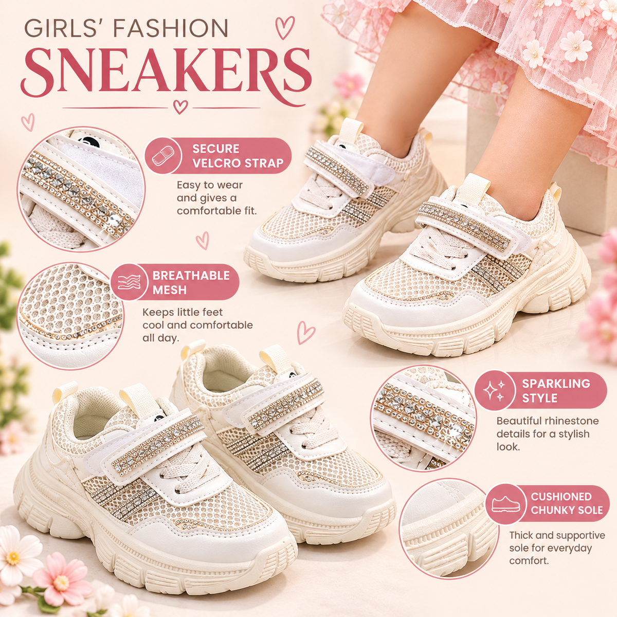 SMILE BABY kids white rhinestone sneakers A+ infographic