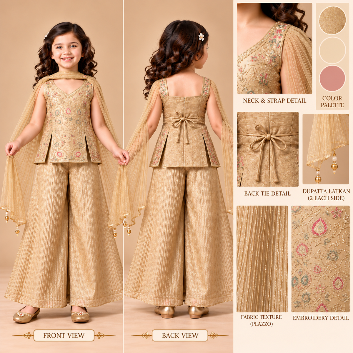 GUSTO girls chikoo beige embroidered ethnic set front and back views with detail panels