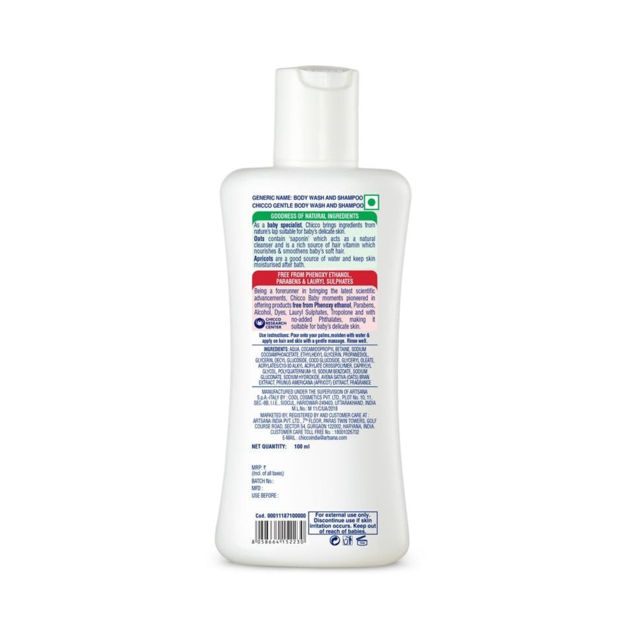 Chicco Baby Moments Gentle Bodywash & Shampoo with Oats Extracts & Apricot, 100ml |Head-to-Toe | No Tears Formula | Moisturized Skin & Hair | Dermatologically Tested | Parabens & Phenoxyethanol Free