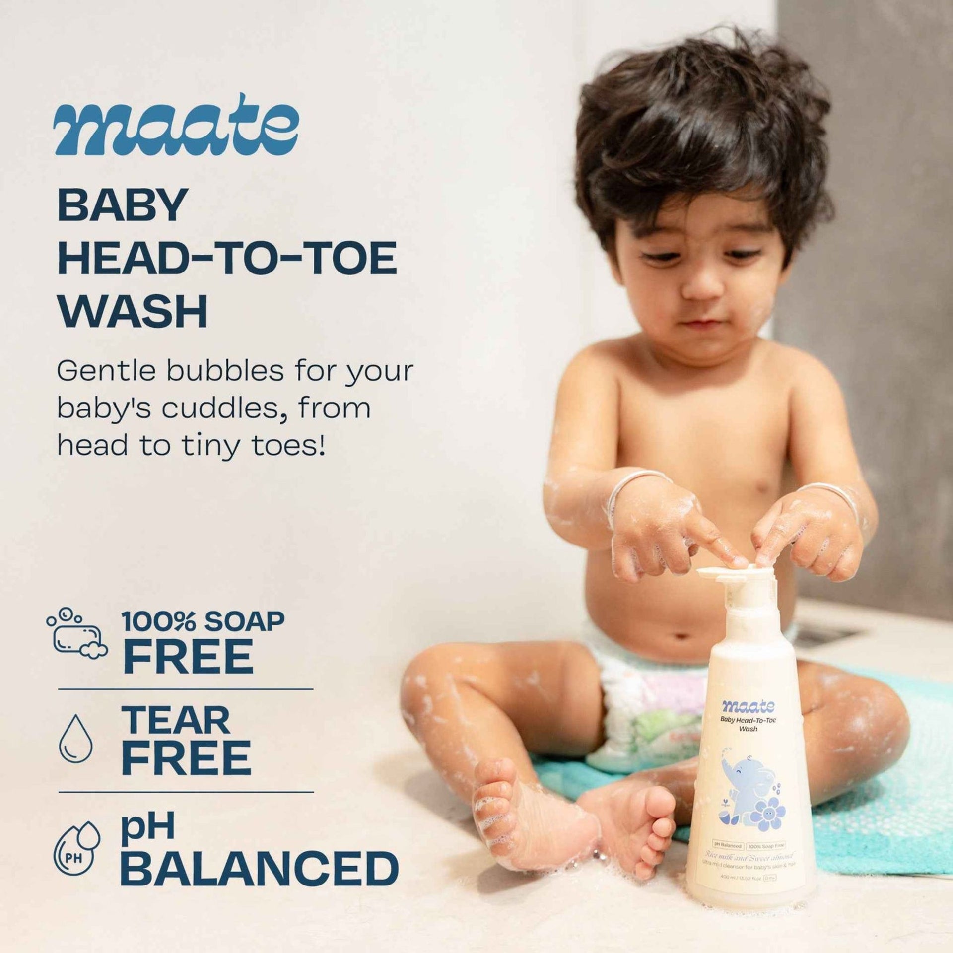 Maate Baby Head-To-Toe Wash | Rice Milk & Sweet Almond | pH Balanced, Soap-Free & Tear-Free | Ultra-Mild Cleanser for Baby’s Skin & Hair (0+ Months)