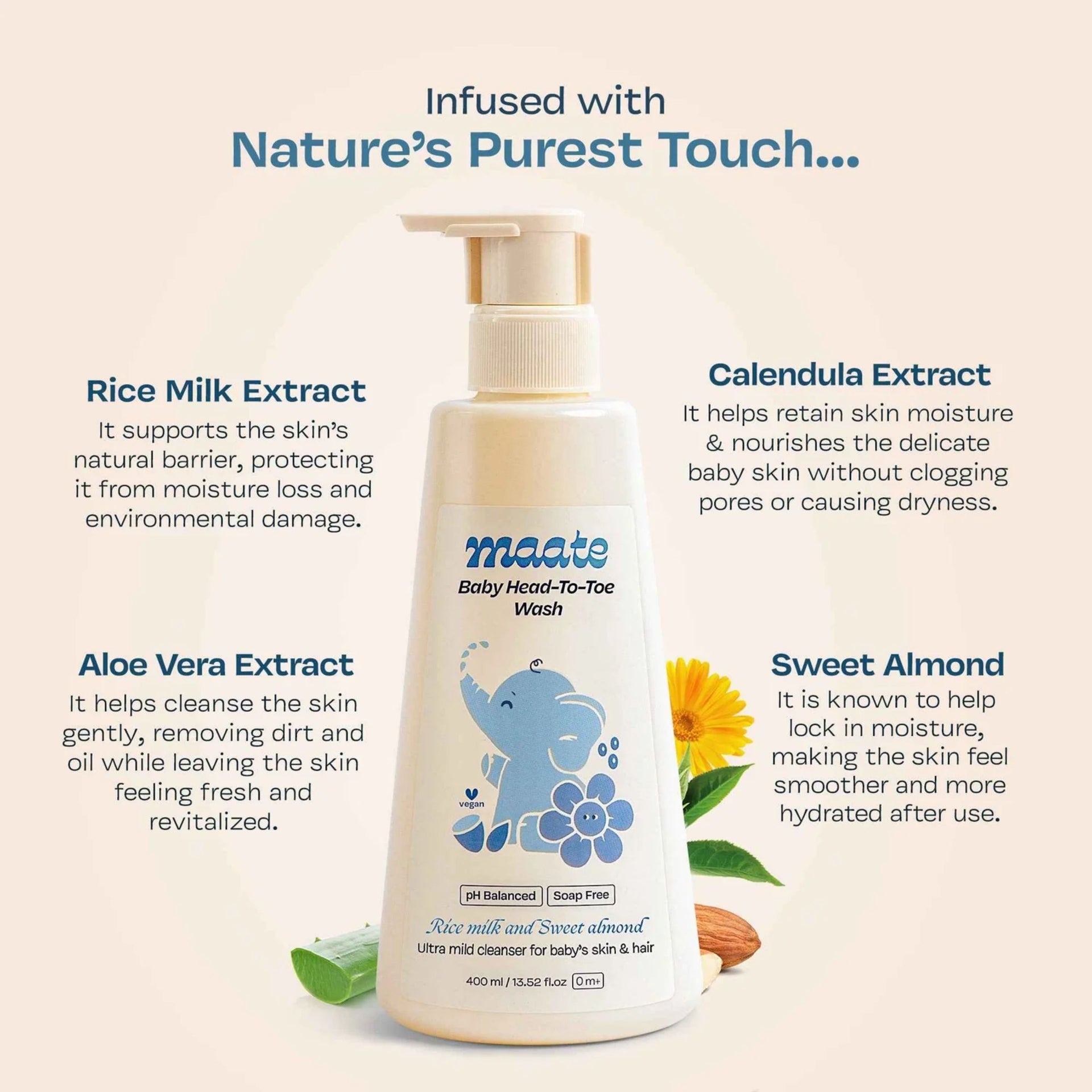 Maate Baby Head-To-Toe Wash | Rice Milk & Sweet Almond | pH Balanced, Soap-Free & Tear-Free | Ultra-Mild Cleanser for Baby’s Skin & Hair (0+ Months)
