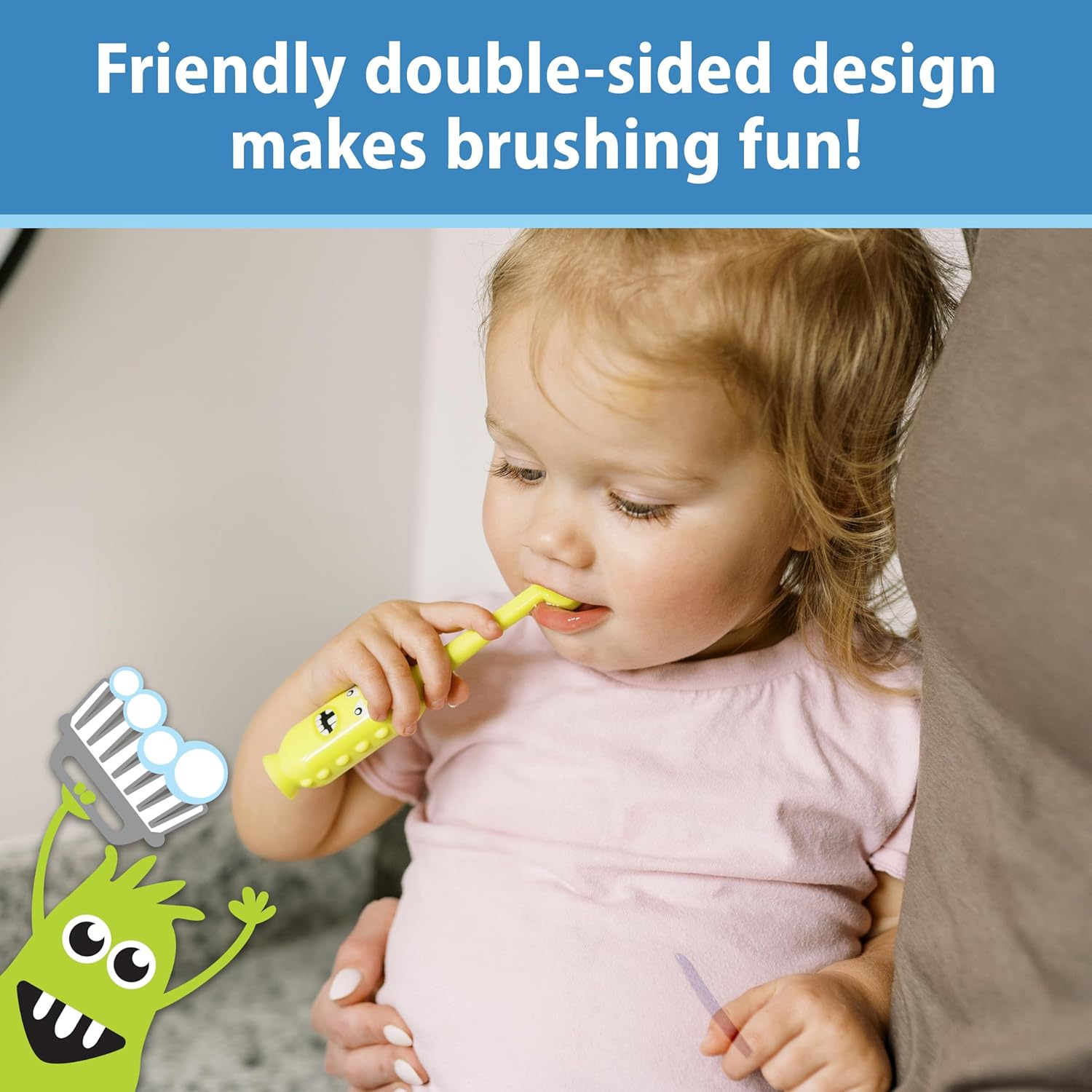 Dr. Brown's ToothScrubber Toddler Toothbrush for Kids 1-4 Years | Triple-Sided Soft Bristles | Tongue Cleaner | Easy-Grip Monster Handle | BPA-Free (Monster Green, 1 Pack)