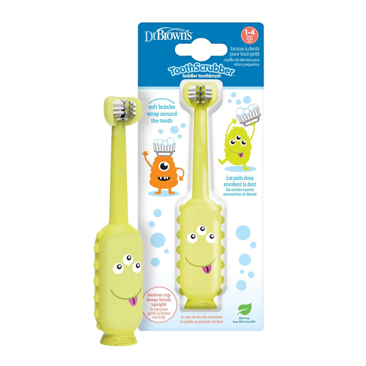 Dr. Brown's ToothScrubber Toddler Toothbrush for Kids 1-4 Years | Triple-Sided Soft Bristles | Tongue Cleaner | Easy-Grip Monster Handle | BPA-Free (Monster Green, 1 Pack)
