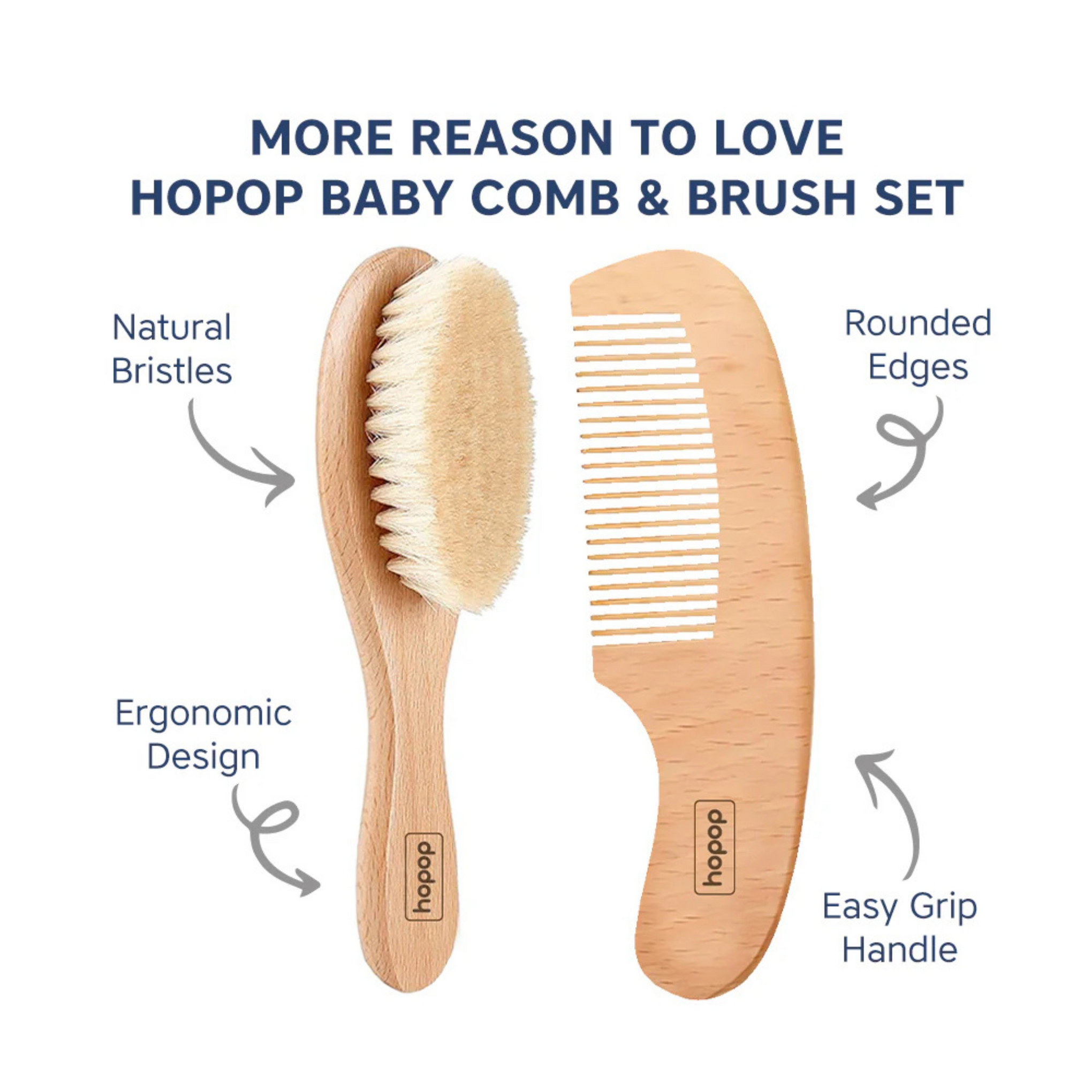 Hopop Natural Bristle Baby Wooden Brush & Comb Set 2005D