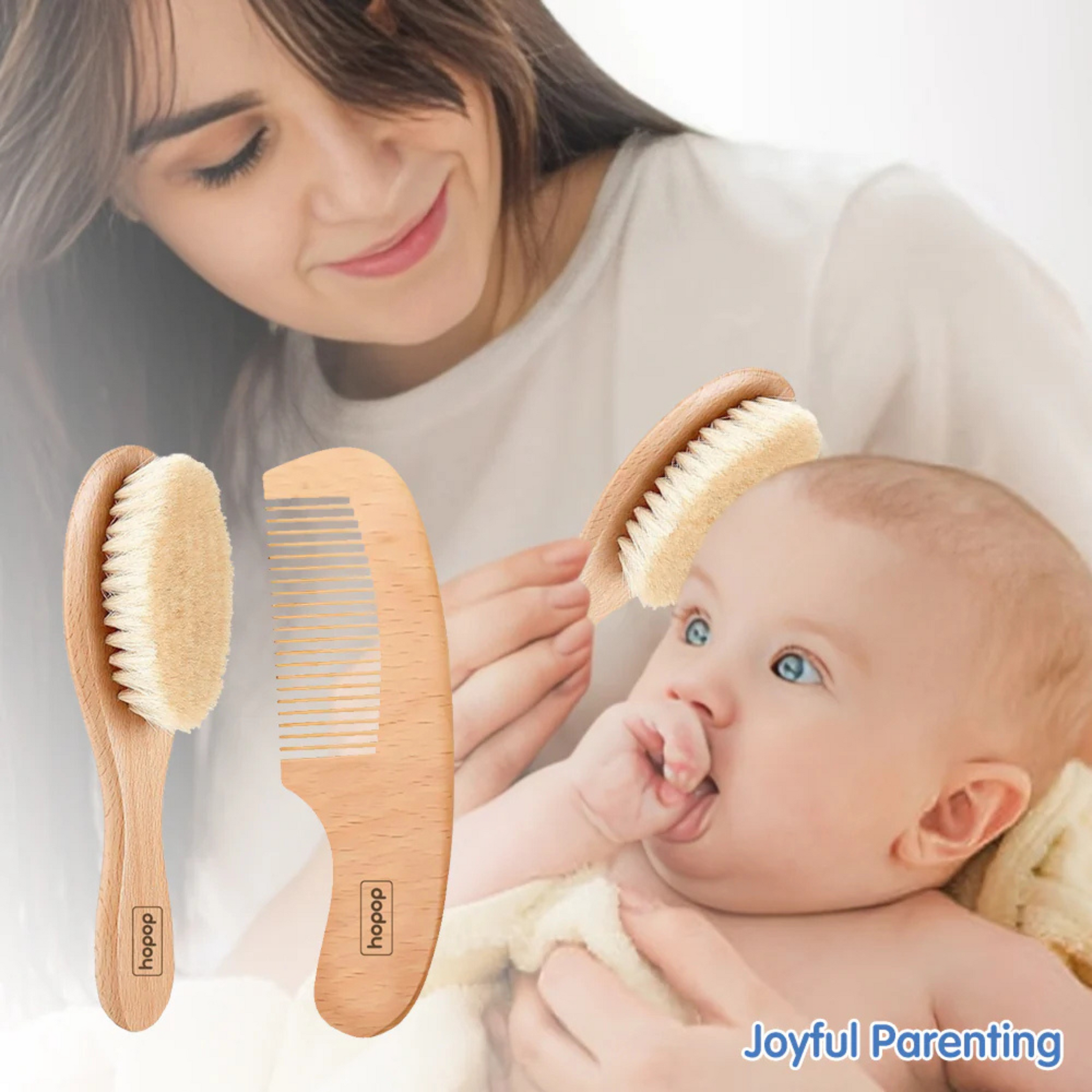 Hopop Natural Bristle Baby Wooden Brush & Comb Set 2005D