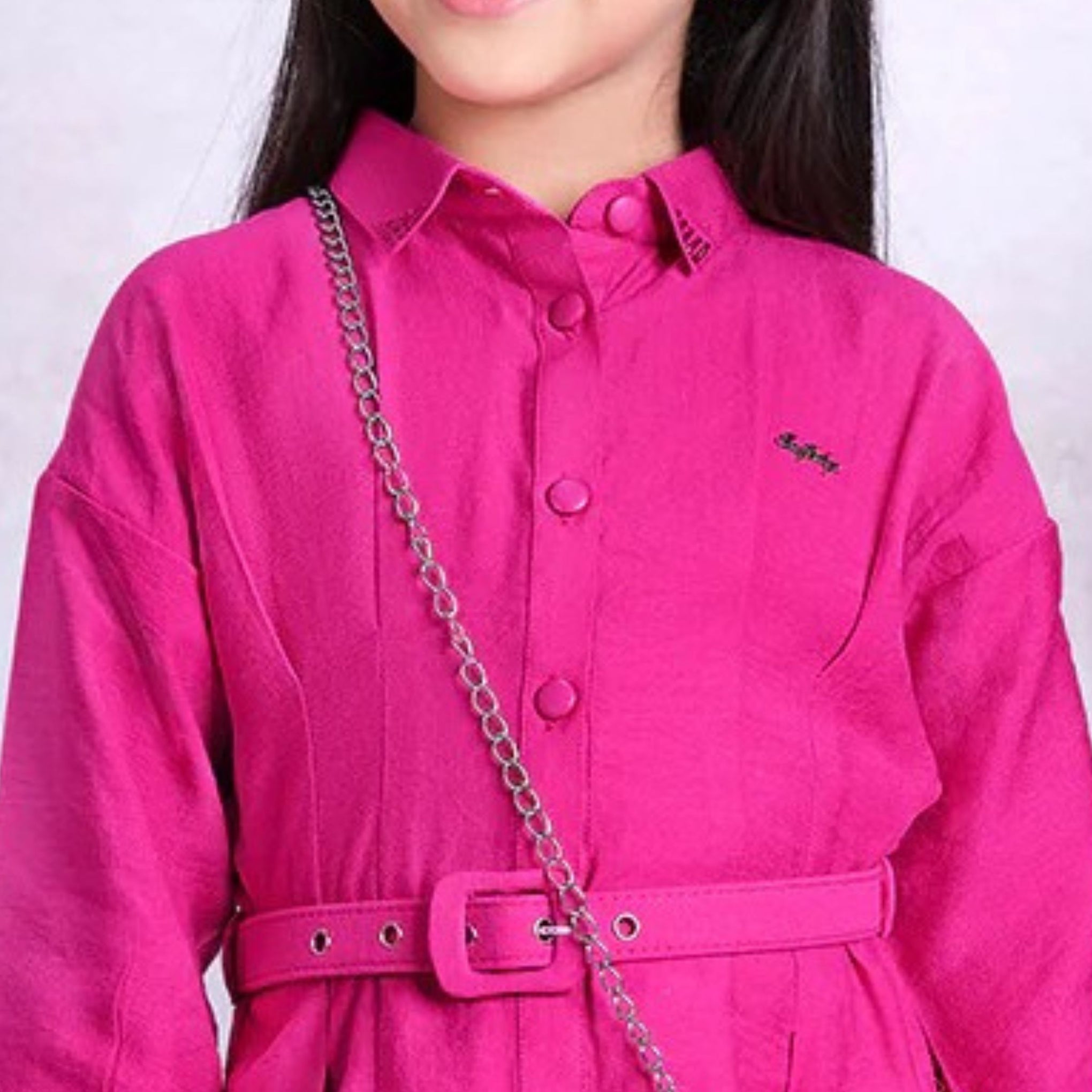 Tiny Baby Pink Color Middy Cuffed Sleeves Dress With Belt and Purse