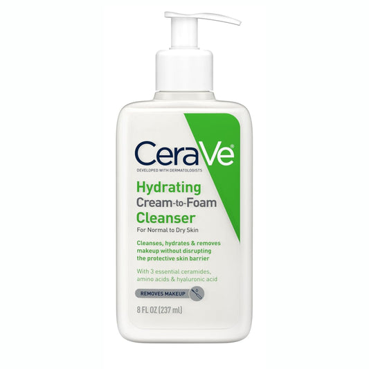 CeraVe Hydrating Cream To Foam Cleanser, Makeup Remover Face Wash For Dry Skin, Foaming Facial Cleanser With Hyaluronic Acid, Normal To Dry Skin, Fragrance Free & Non Comedogenic, 8 Fluid Ounces