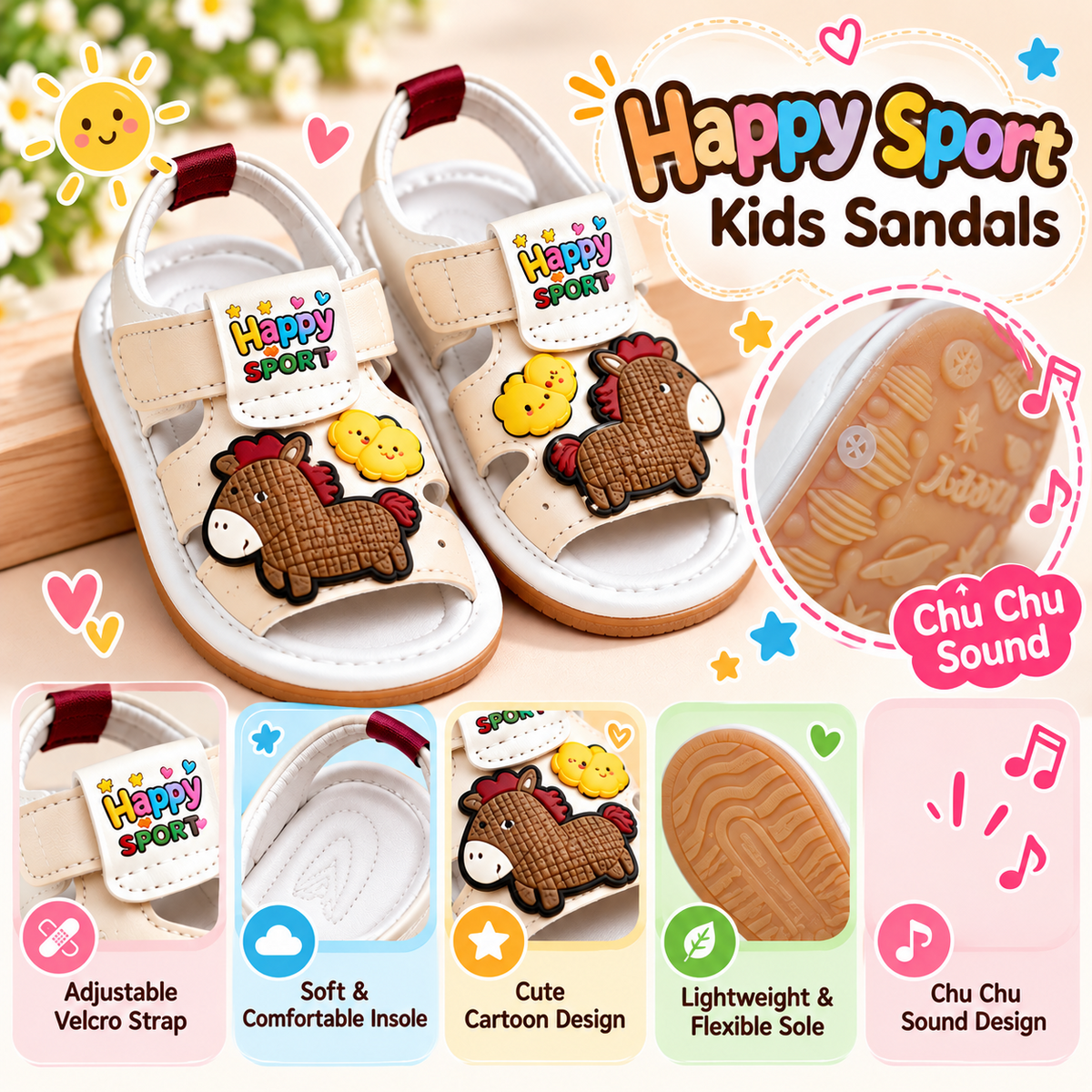 Smile Baby Happy Sport kids sandals features adjustable Velcro strap soft insole cartoon design flexible sole