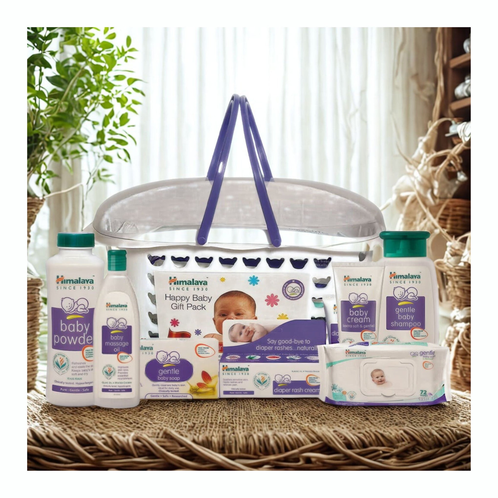 Himalaya Baby Gift Pack Basket,Pack of 1 set,white ," Included Components :  Baby Cream, Baby Massage OiI, Baby Powder,Diaper Rash Cream, Baby Wipes, Shampoo, Soap "