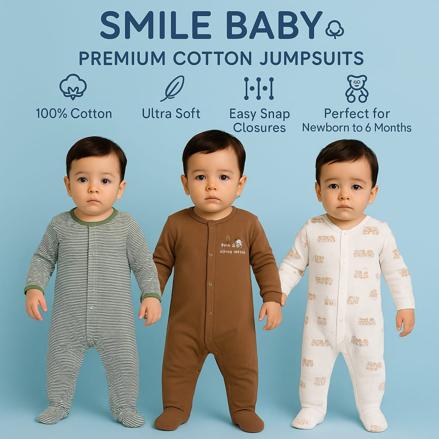 Smile Baby Soft Cotton Baby Romper – Full Sleeve | Unisex | 0-6 Months