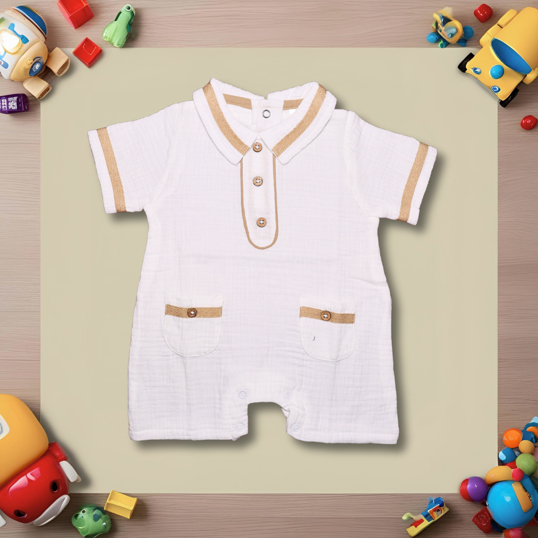 Infant House Muslin White Baby Romper With Short Sleeves And Legs (IH-601) White