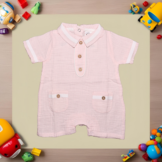 Infant House Muslin White Baby Romper With Short Sleeves And Legs (IH-606) L.PINK