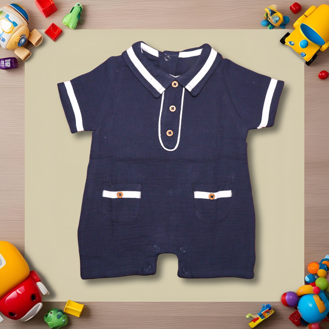 Infant House Muslin White Baby Romper With Short Sleeves And Legs (IH-608) NAVY