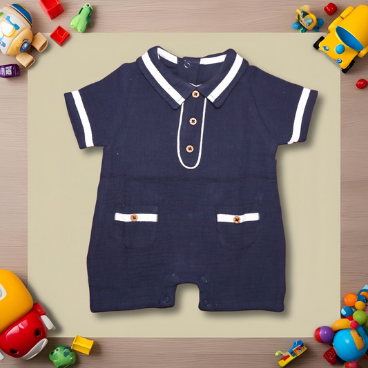 Infant House Muslin White Baby Romper With Short Sleeves And Legs (IH-608) NAVY