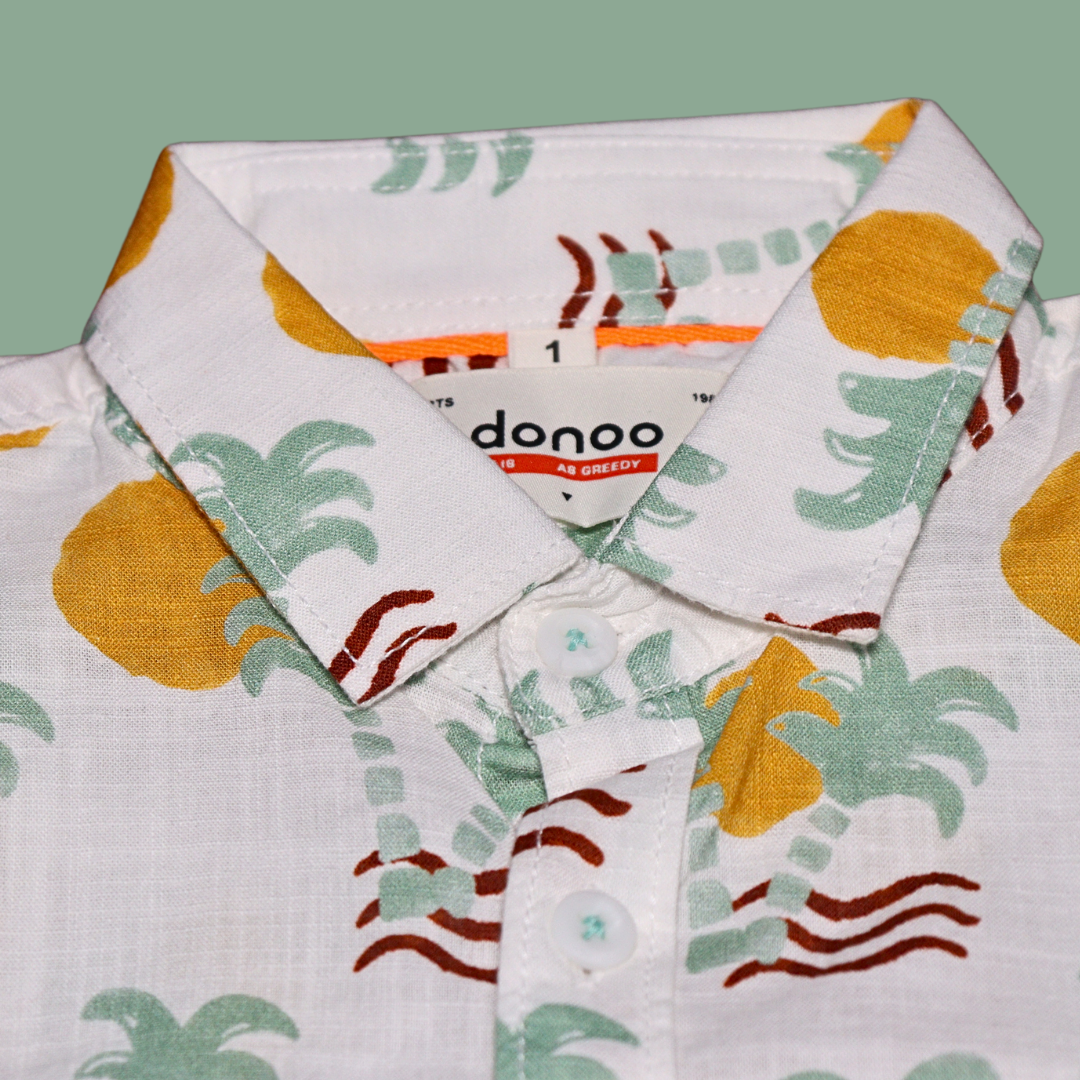Donoo Boys Cotton Full Sleeves Summer Shirt Stylized Palm Trees, Suns, And Waves (Yellow)