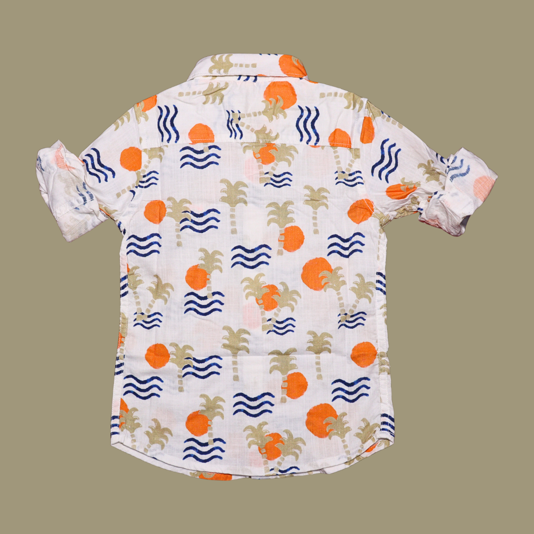 Donoo Boys Cotton Full Sleeves Summer Shirt Stylized Palm Trees, Suns, And Waves ( Orange)