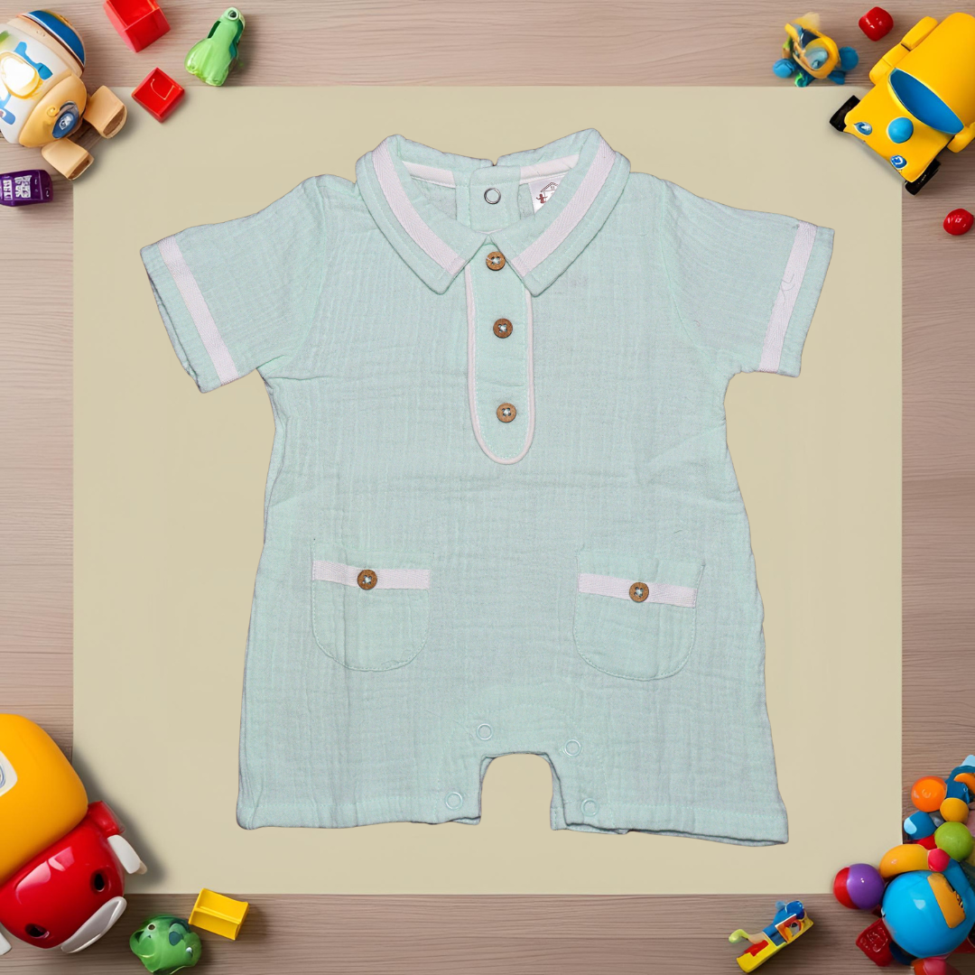 Infant House Muslin White Baby Romper With Short Sleeves And Legs (IH-610) P.GREEN