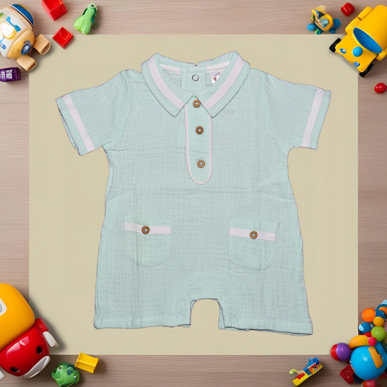Infant House Muslin White Baby Romper With Short Sleeves And Legs (IH-610) P.GREEN